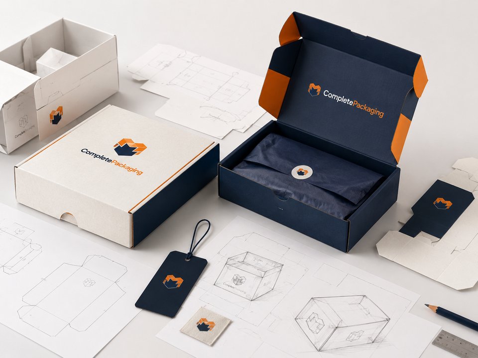 Bespoke branded packaging mockups and design sketches
