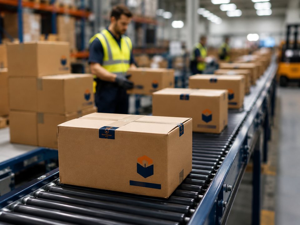 Branded boxes on conveyor belt in fulfilment centre