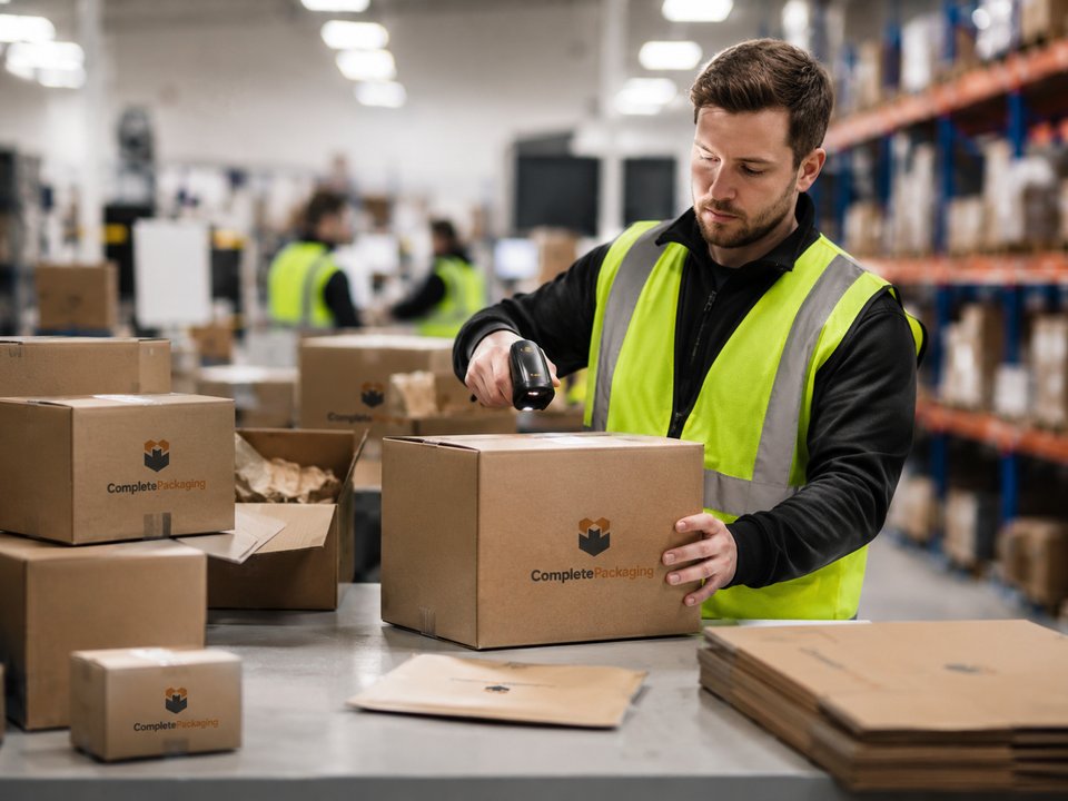 Warehouse operative scanning Complete Packaging boxes
