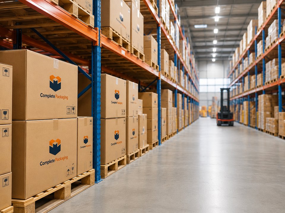 Complete Packaging warehouse with branded stock on racking